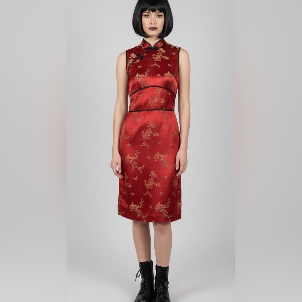 CDC 90s Red Floral Sleeveless Dress With Mandarin Collar